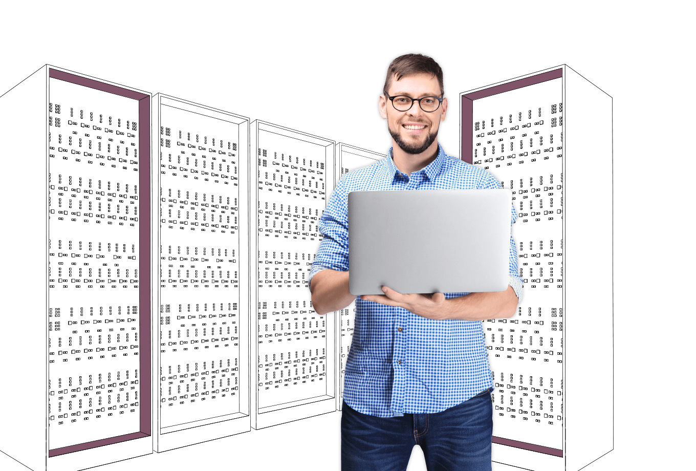 IT office insurance illustration of engineer holding laptop in server room