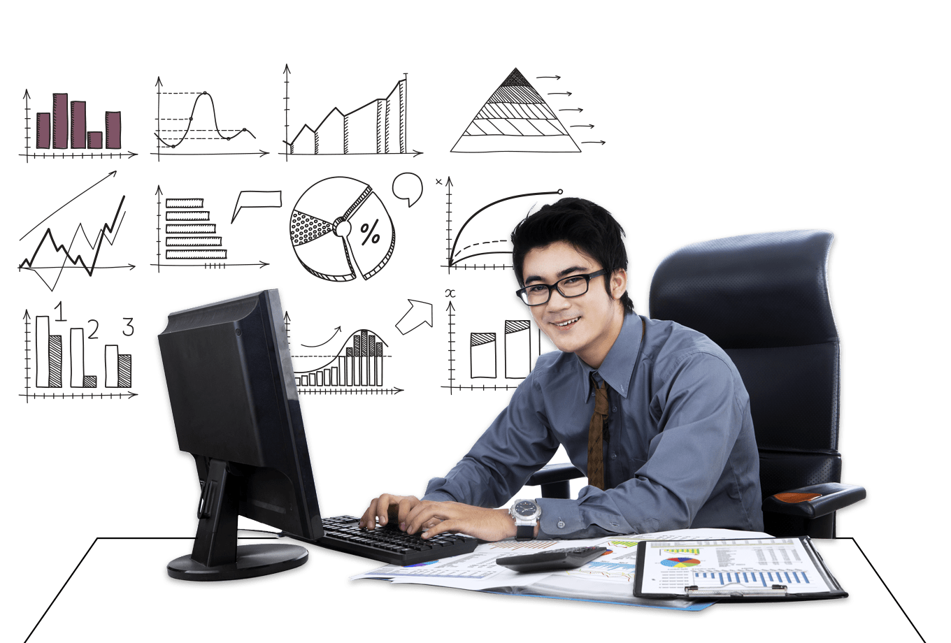 insurance for accountants illustration of office worker surrounded by graphs and paperwork