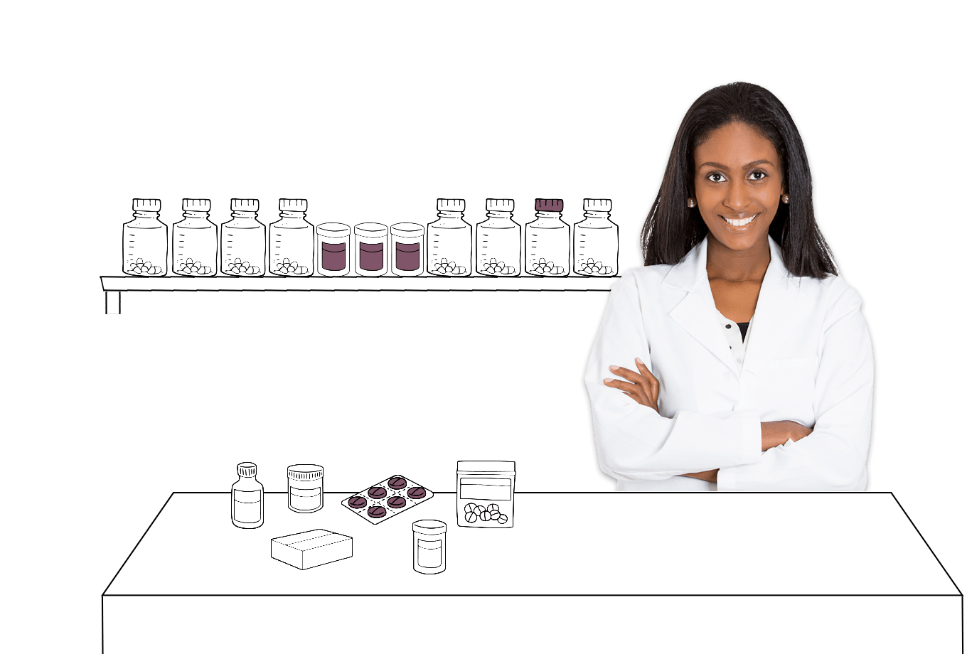 chemist insurance illustration of pharmacist next to pills and medicine