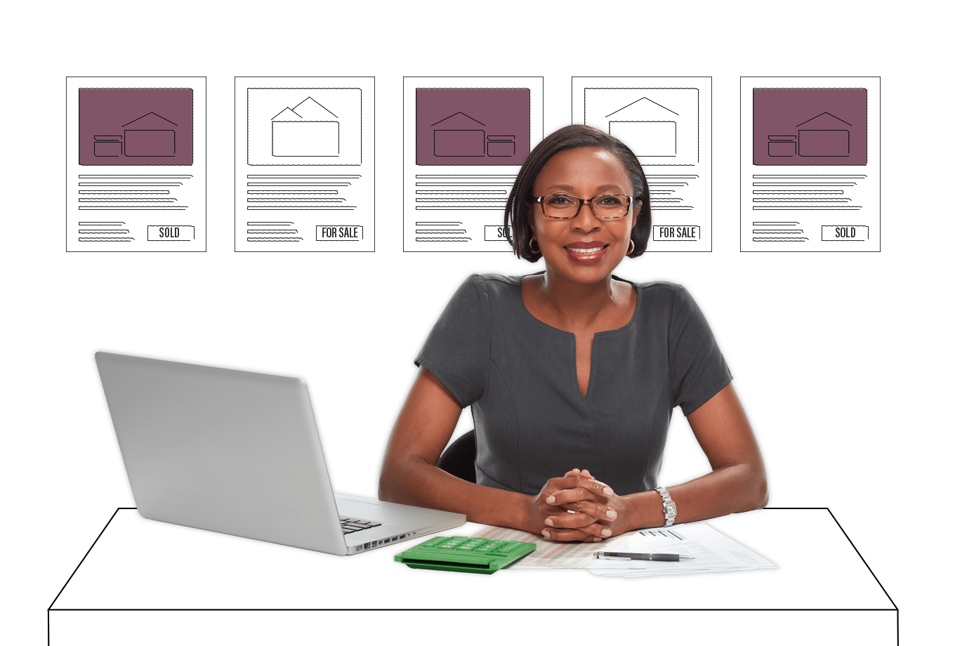 real estate agent insurance illustration of female estate agent sat at desk