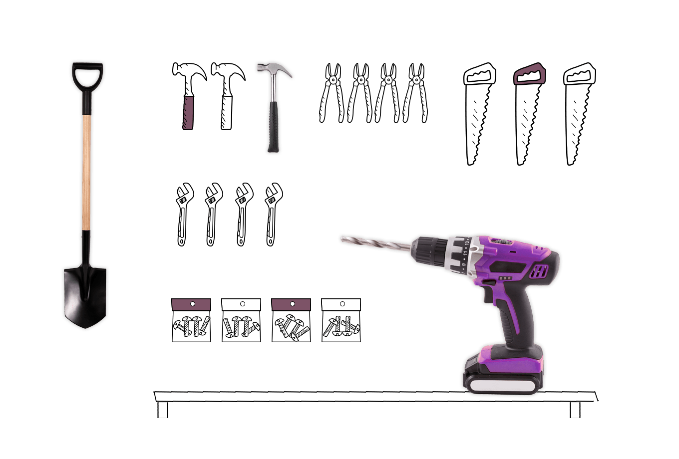 hardware and DIY shop insurance illustration of assorted tools on work bench