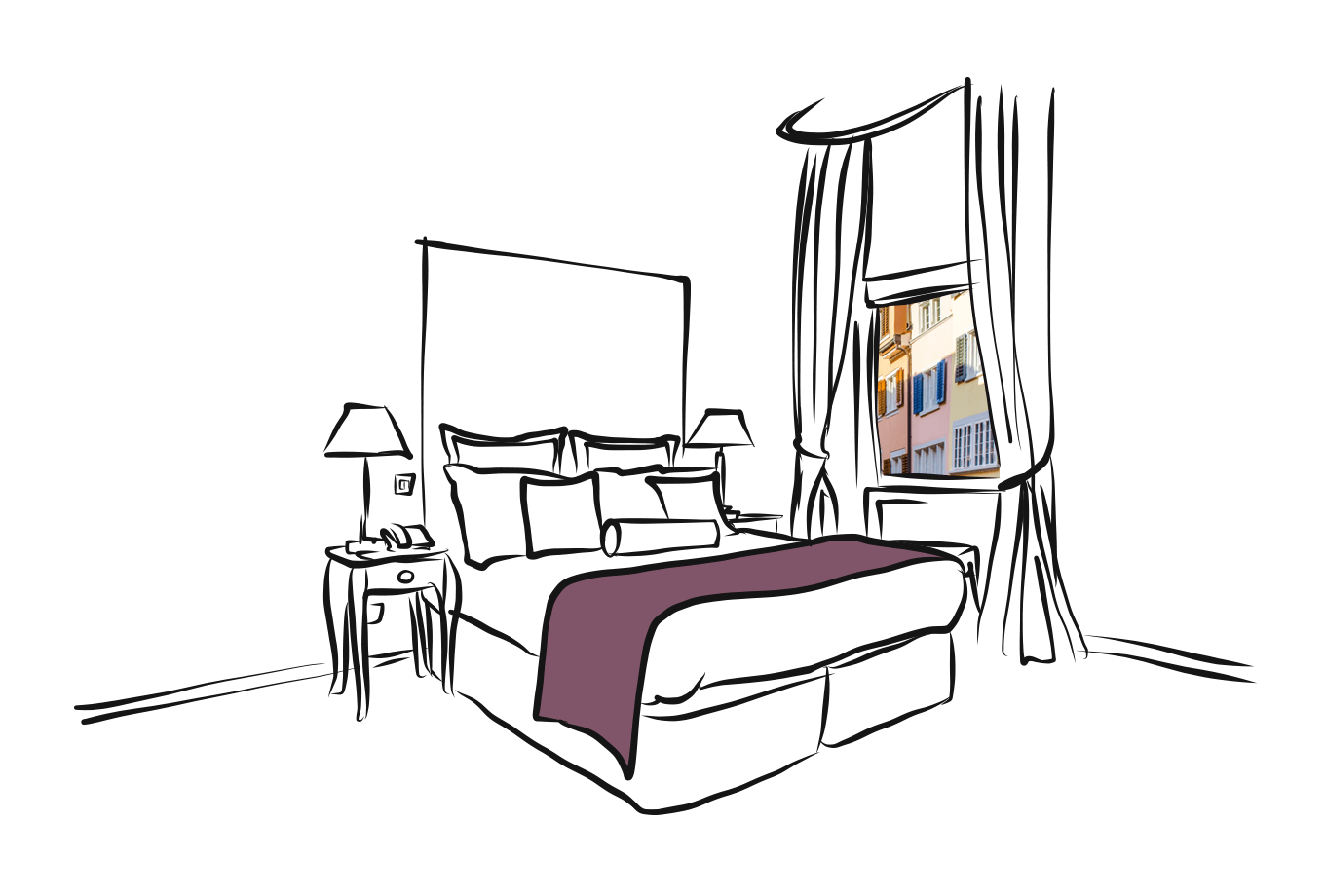 hotel and guesthouse insurance illustration of hotel room with view onto street