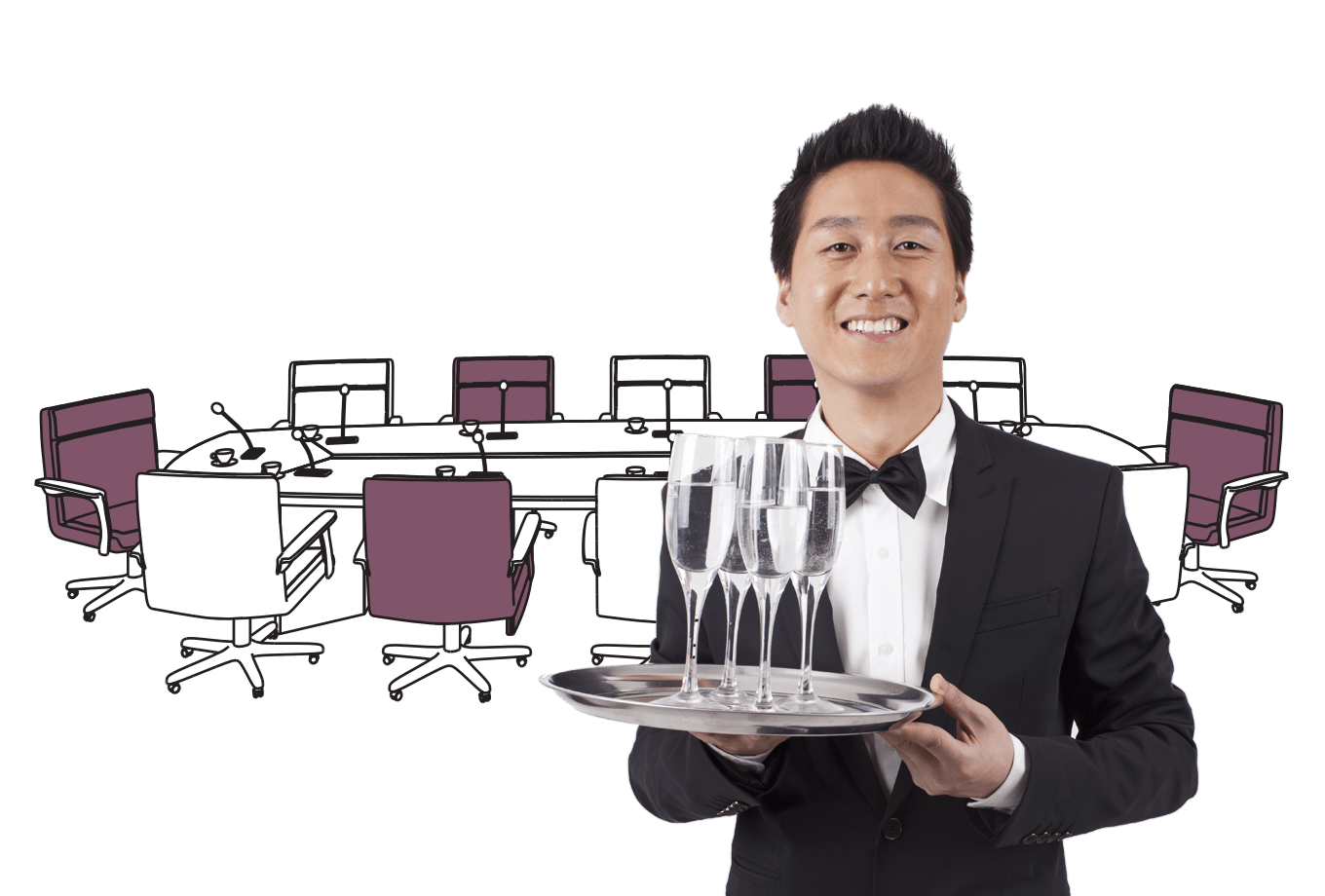 hotel insurance illustration of waiter serving drinks in board room