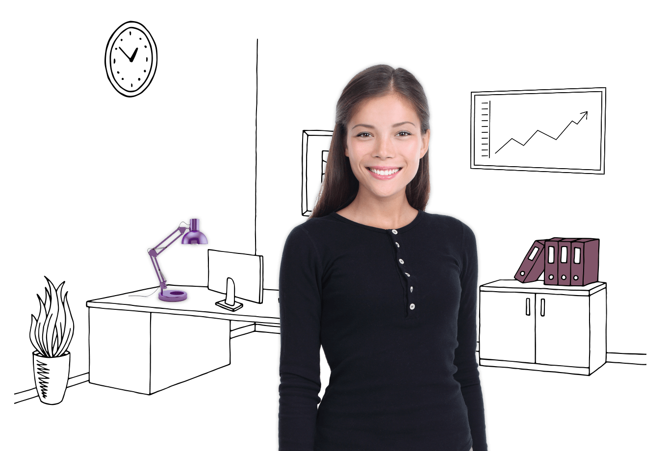 office insurance illustration of office worker in front of office furniture