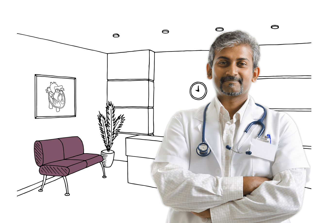 GP and health clinic insurance illustration of male doctor stood in waiting room