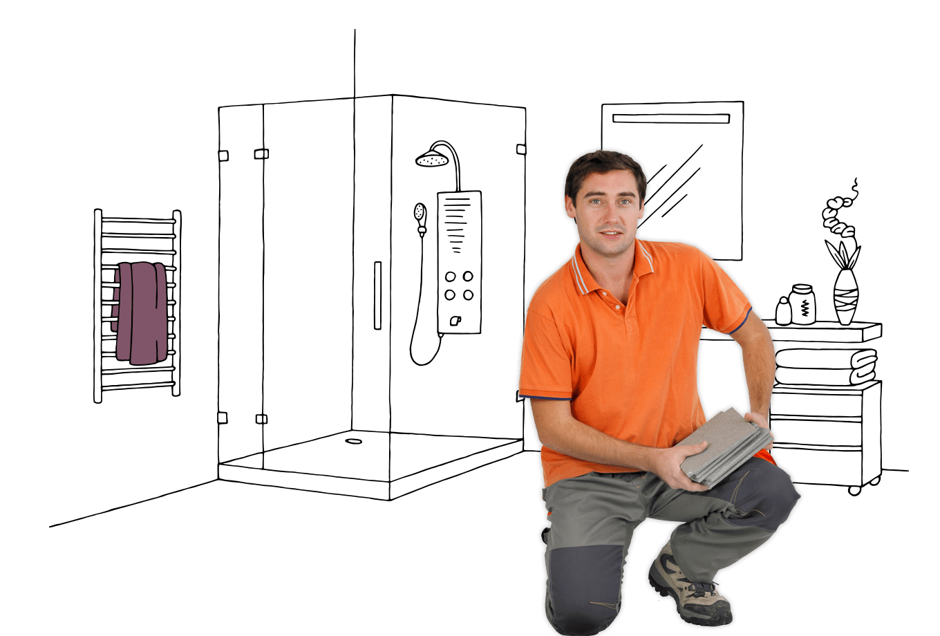 tiler insurance illustration of tradesman kneeling on ground with stack of tiles in bathroom