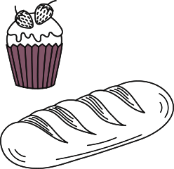 bakery insurance illustration of cupcake and baguette